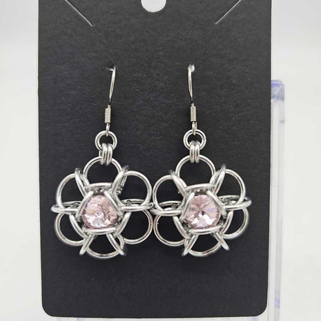 Silver Flower 8mm Light Pink Crystal Earrings, Surgical Steel Ear Wires