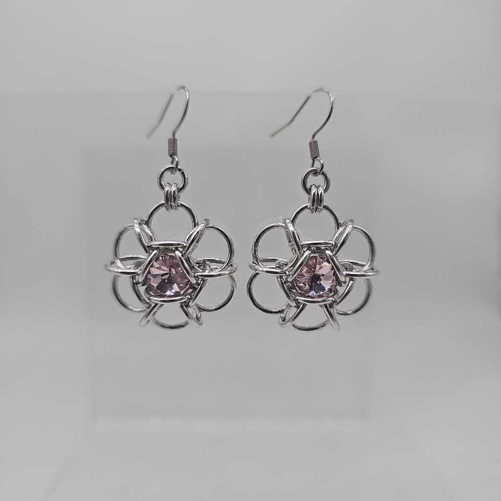 Silver Flower 8mm Light Pink Crystal Earrings, Surgical Steel Ear Wires
