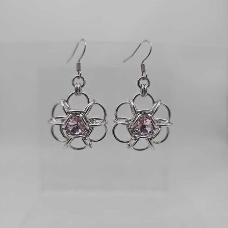 Silver Flower 8mm Light Pink Crystal Earrings, Surgical Steel Ear Wires
