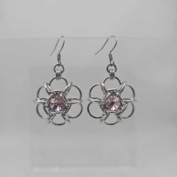 Silver Flower 8mm Light Pink Crystal Earrings, Surgical Steel Ear Wires - view 2