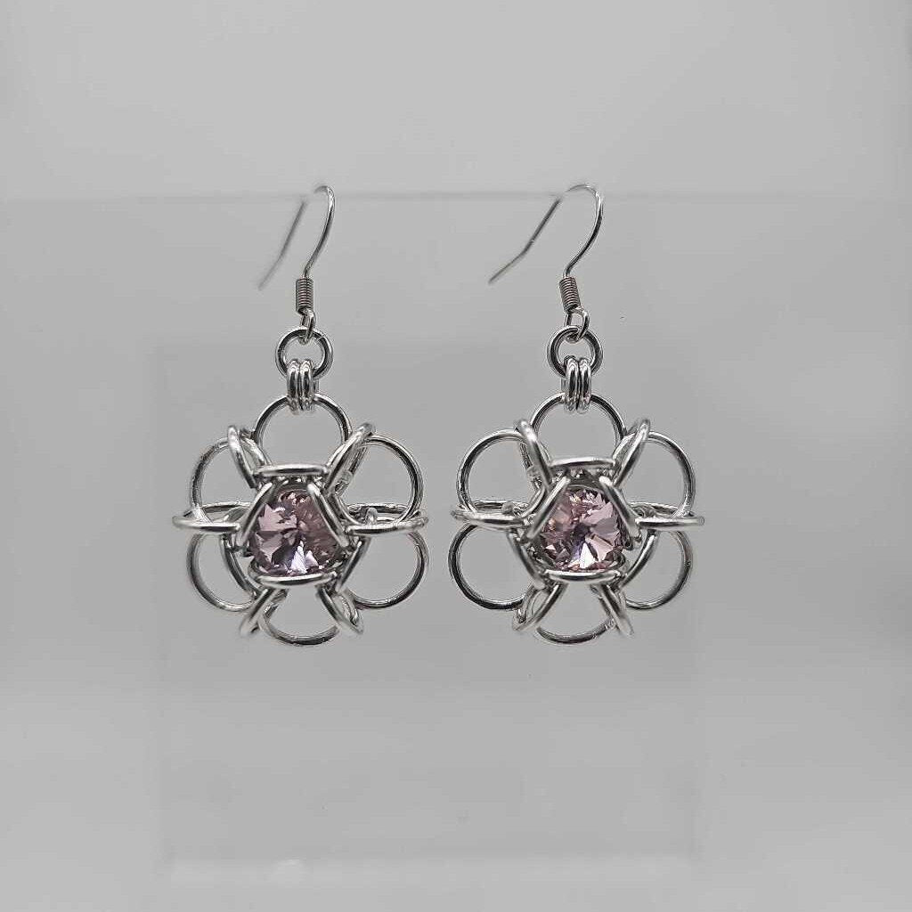 Silver Flower 8mm Light Pink Crystal Earrings, Surgical Steel Ear Wires