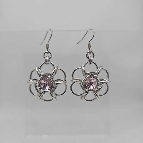 Silver Flower 8mm Light Pink Crystal Earrings, Surgical Steel Ear Wires