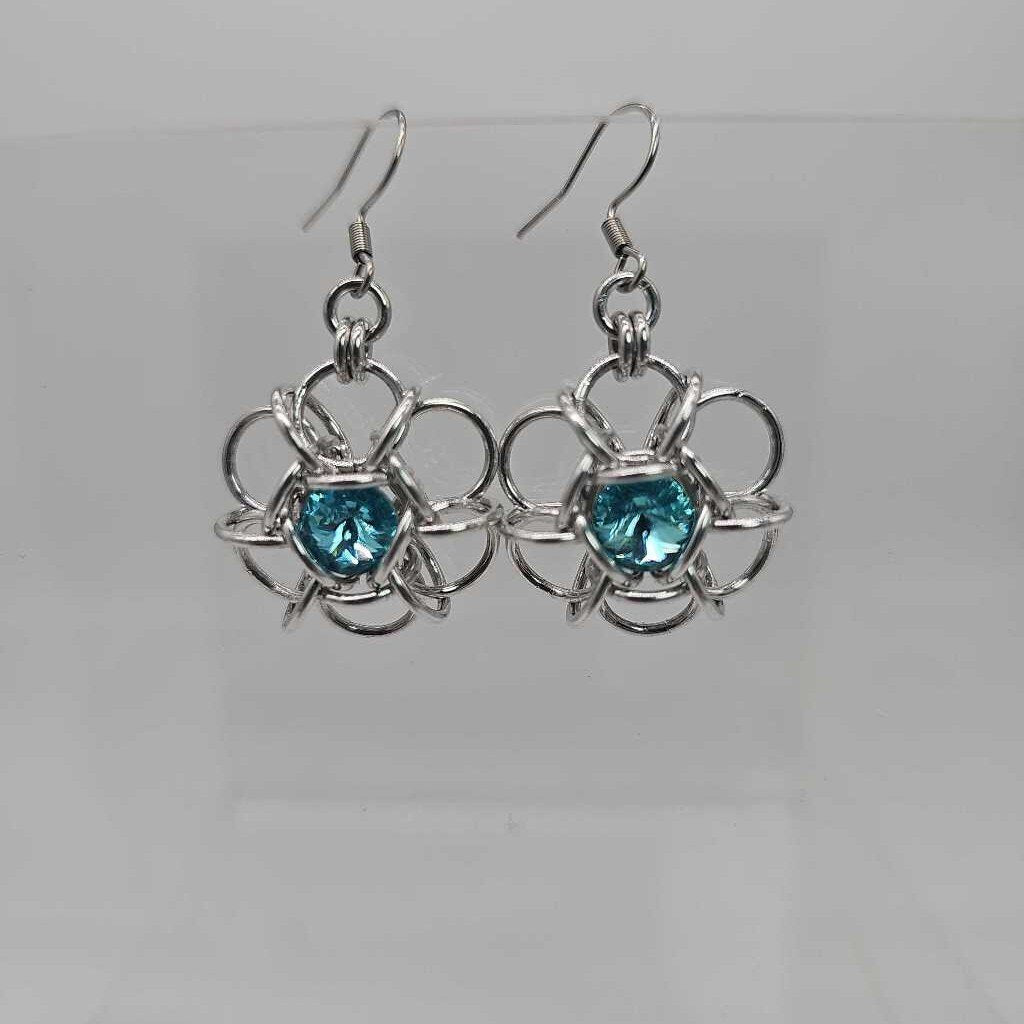 Silver Flower 8mm Aquamarine Blue Crystal Earrings, Surgical Steel Ear Wires