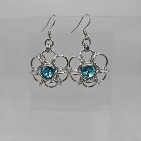 Silver Flower 8mm Aquamarine Blue Crystal Earrings, Surgical Steel Ear Wires
