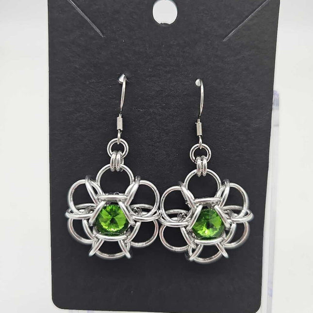 Silver Flower 8mm Fern Green Crystal Earrings, Surgical Steel Ear Wires
