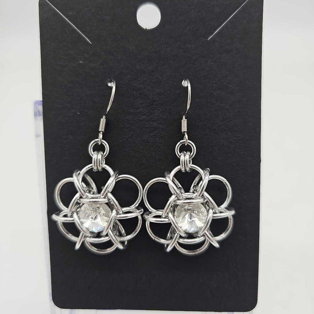 Silver Flower 8mm White Diamond Crystal Earrings, Surgical Steel Ear Wires