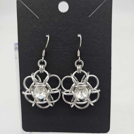 Silver Flower 8mm White Diamond Crystal Earrings, Surgical Steel Ear Wires