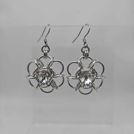 Silver Flower 8mm White Diamond Crystal Earrings, Surgical Steel Ear Wires