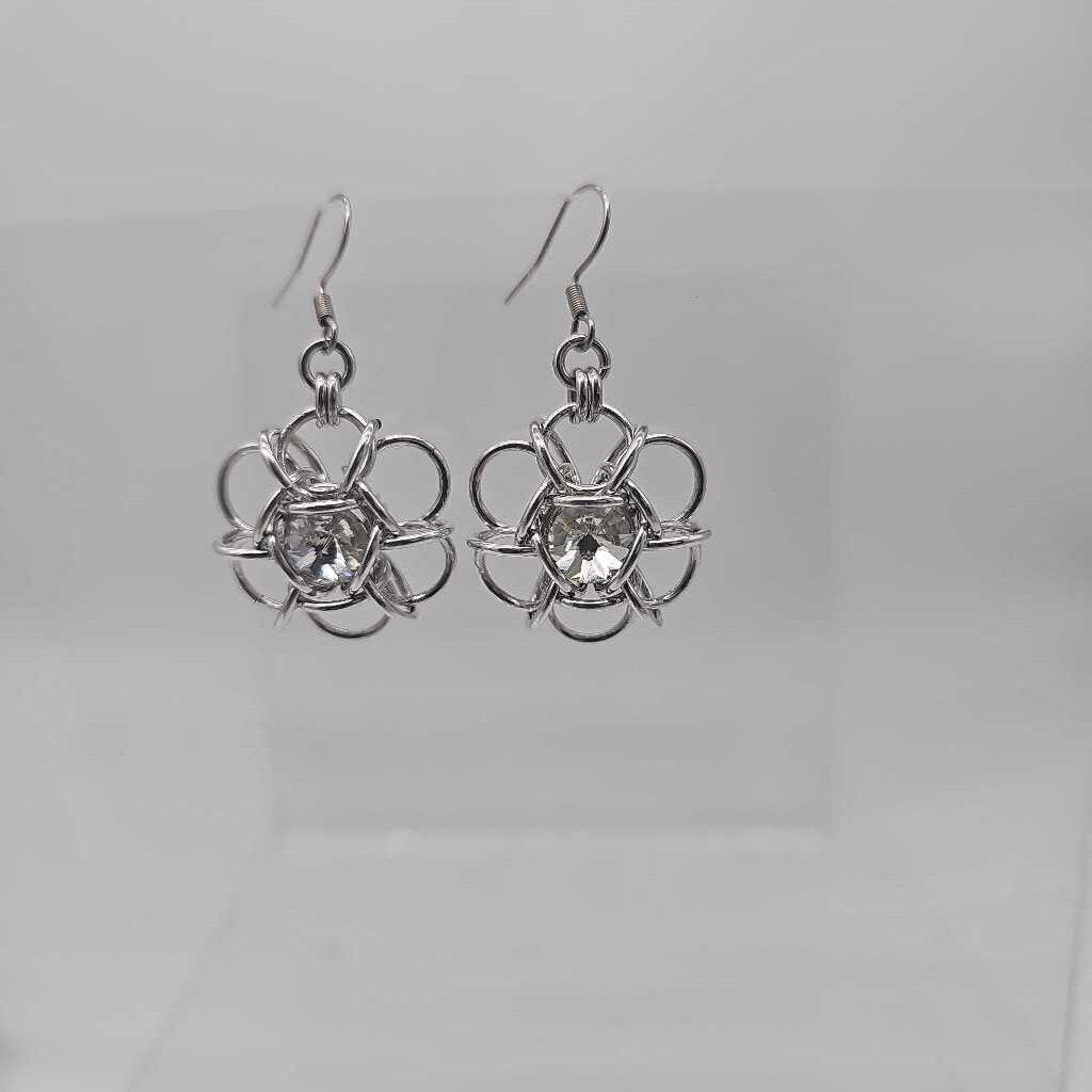Silver Flower 8mm White Diamond Crystal Earrings, Surgical Steel Ear Wires