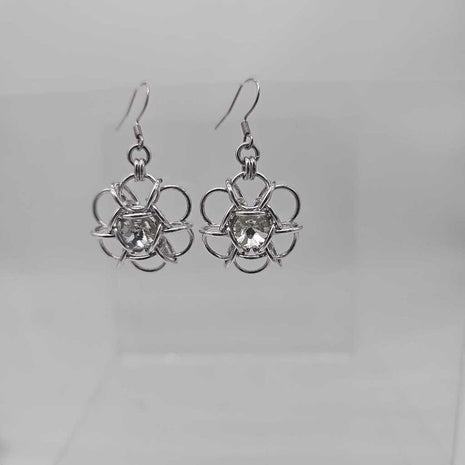Silver Flower 8mm White Diamond Crystal Earrings, Surgical Steel Ear Wires
