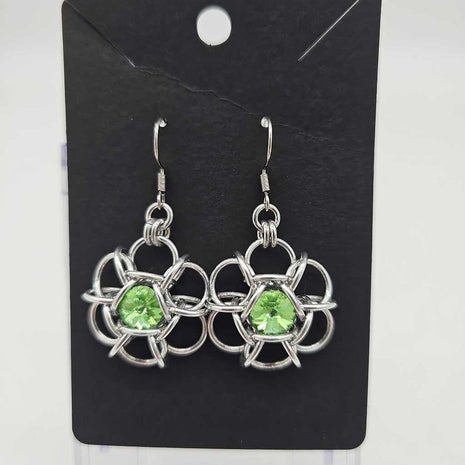 Silver Flower 8mm Peridot Green Crystal Earrings, Surgical Steel Ear Wires