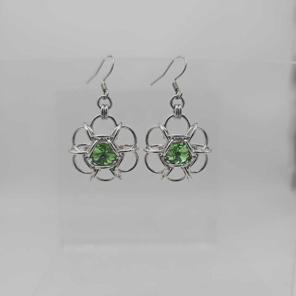 Silver Flower 8mm Peridot Green Crystal Earrings, Surgical Steel Ear Wires