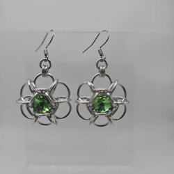 Silver Flower 8mm Peridot Green Crystal Earrings, Surgical Steel Ear Wires - view 2