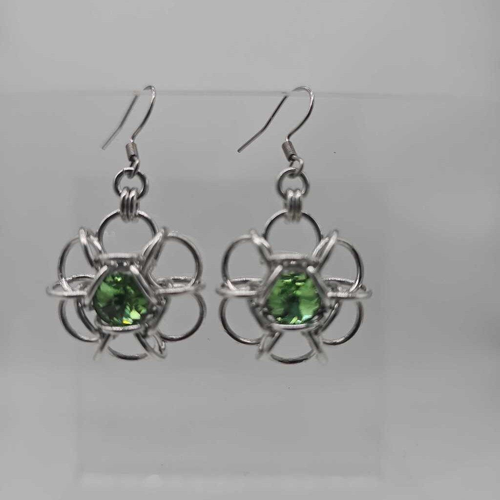 Silver Flower 8mm Peridot Green Crystal Earrings, Surgical Steel Ear Wires
