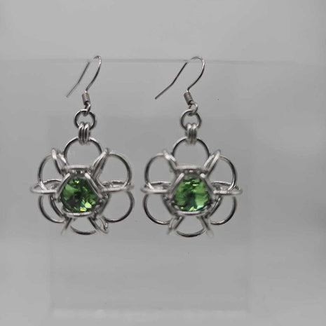 Silver Flower 8mm Peridot Green Crystal Earrings, Surgical Steel Ear Wires