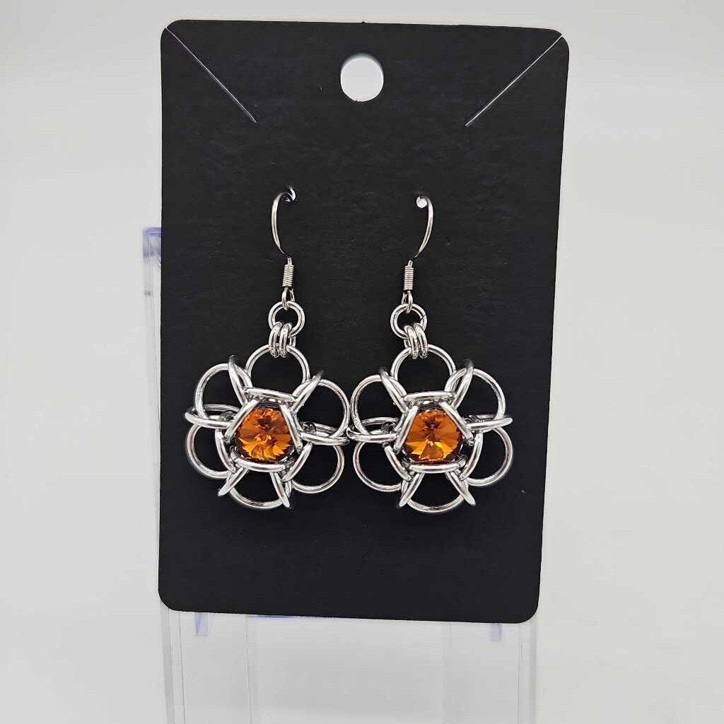 Silver flower 8mm Topaz Crystal Earrings, Surgical Steel Ear Wires