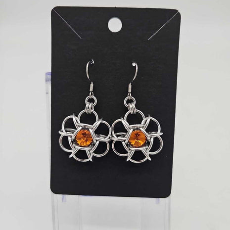 Silver flower 8mm Topaz Crystal Earrings, Surgical Steel Ear Wires