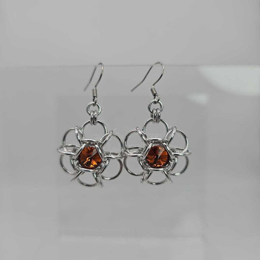 Silver flower 8mm Topaz Crystal Earrings, Surgical Steel Ear Wires