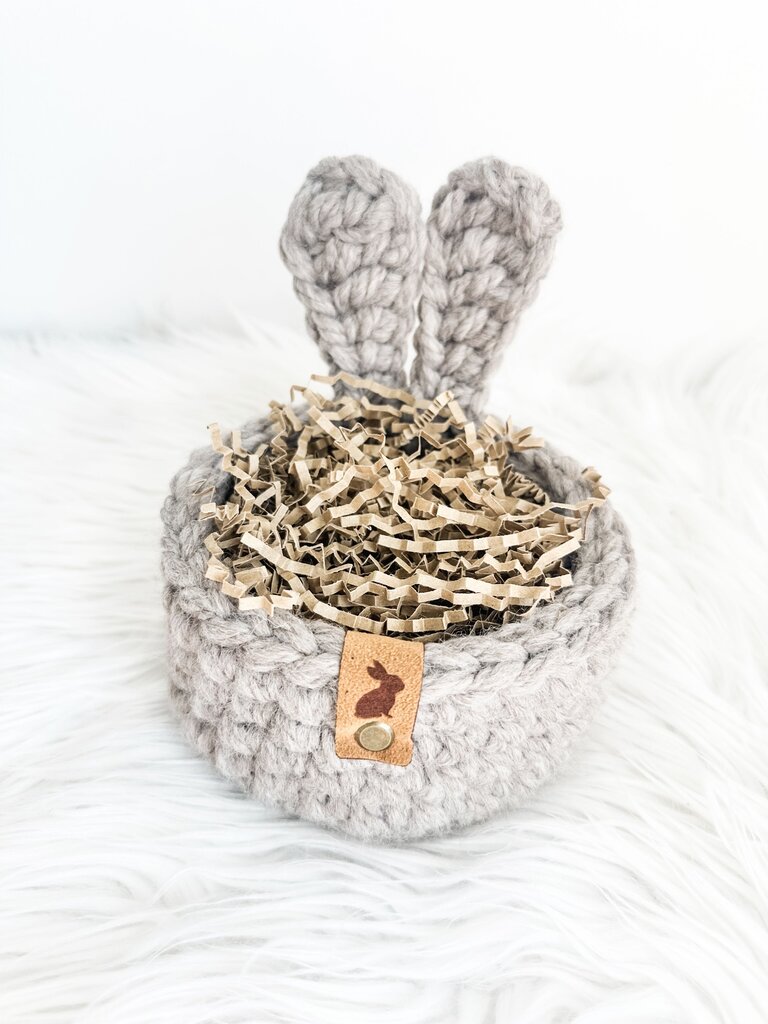 Hand-Crocheted Bunny Basket with Engraved Faux Suede Tag