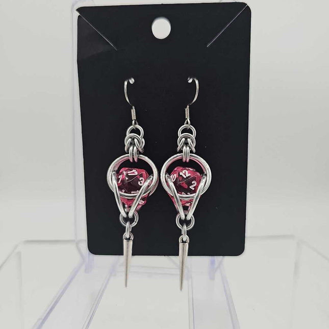 Mini D20 Earrings Silver with Translucent Pink D20 and silver spike, surgical steel ear wires