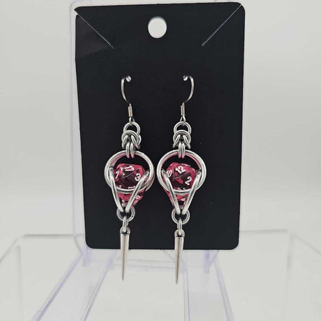 Mini D20 Earrings Silver with Translucent Pink D20 and silver spike, surgical steel ear wires