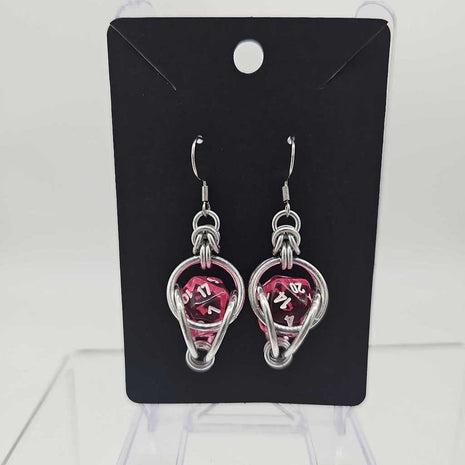 Mini D20 Earrings Silver with Translucent Pink D20, surgical steel ear wires