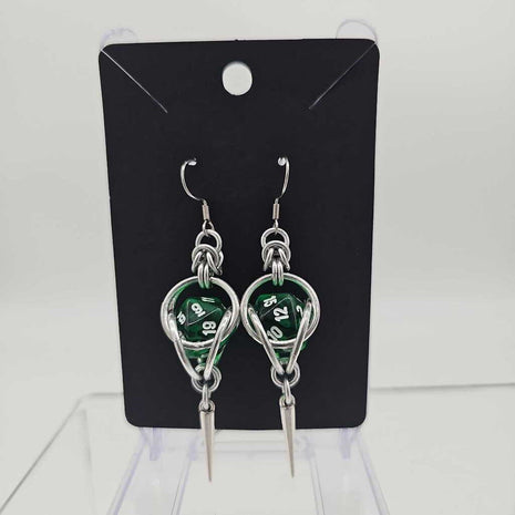 Mini D20 Earrings Silver with Translucent Green D20 and silver spike, surgical steel ear wires