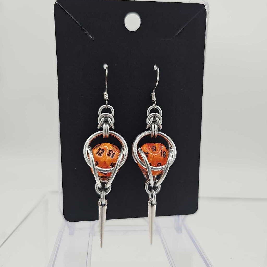 Mini D20 Earrings Silver with Marble Orange D20 and silver spike, surgical steel ear wires
