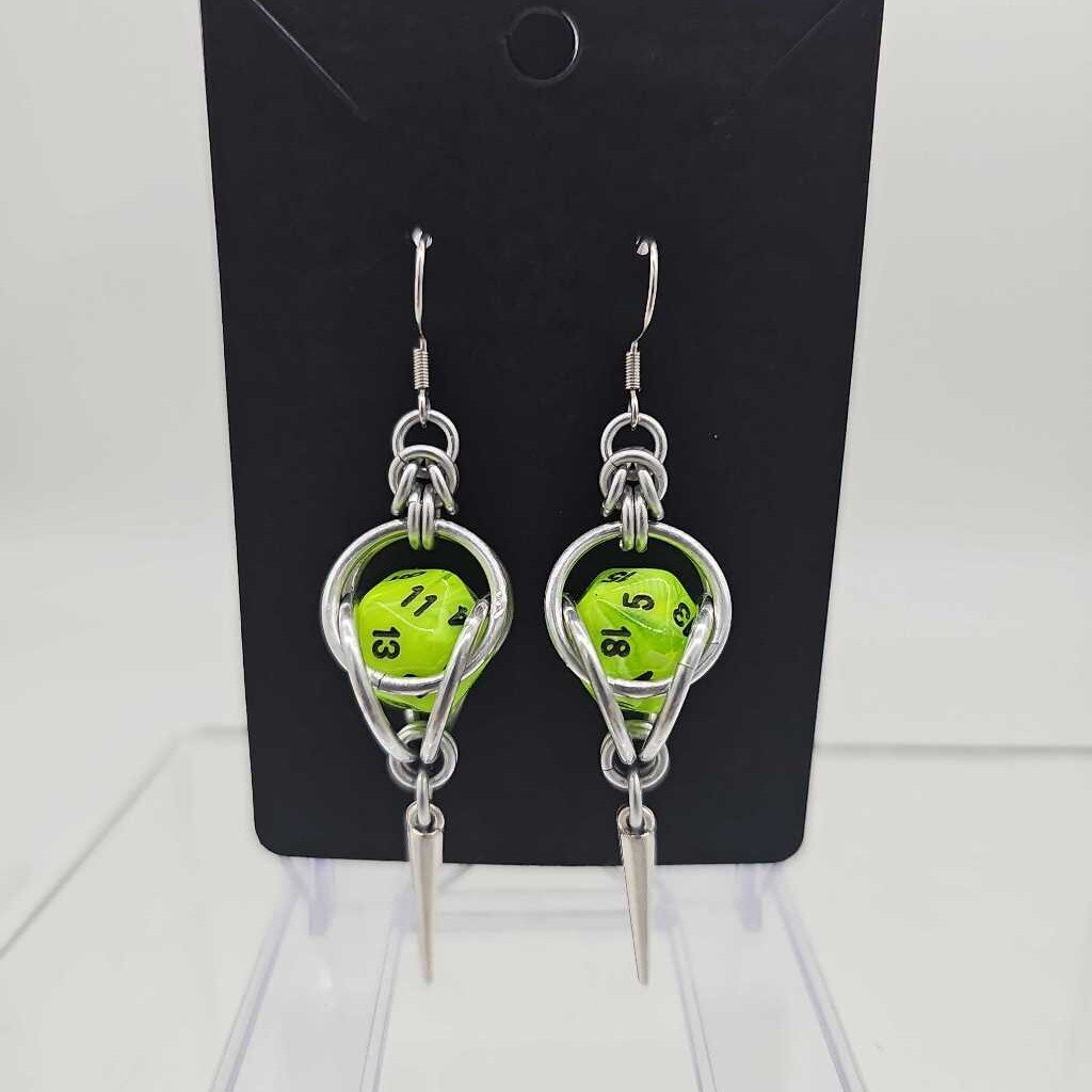 Mini D20 Earrings Silver with Marble Fluorescent Green D20 and silver spike, surgical steel ear wires
