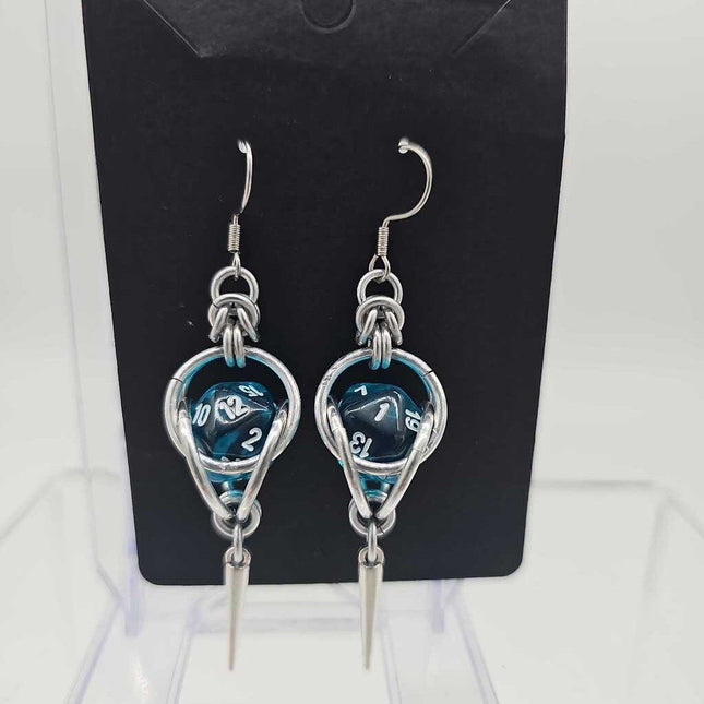 Mini D20 Earrings Silver with Translucent Teal D20 and silver spike, surgical steel ear wires