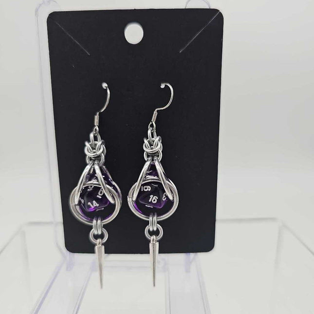 Mini D20 Earrings Silver with Translucent Purple D20 and silver spike, surgical steel ear wires