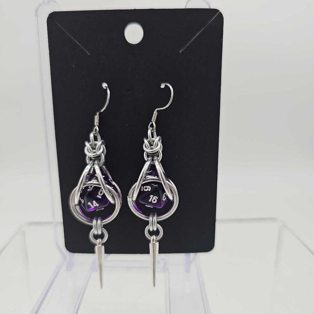 Mini D20 Earrings Silver with Translucent Purple D20 and silver spike, surgical steel ear wires