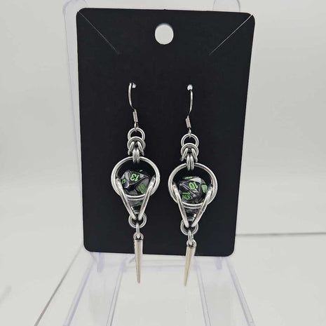 Mini D20 Earrings Silver with Marble Black Gray D20 and silver spike, surgical steel ear wires