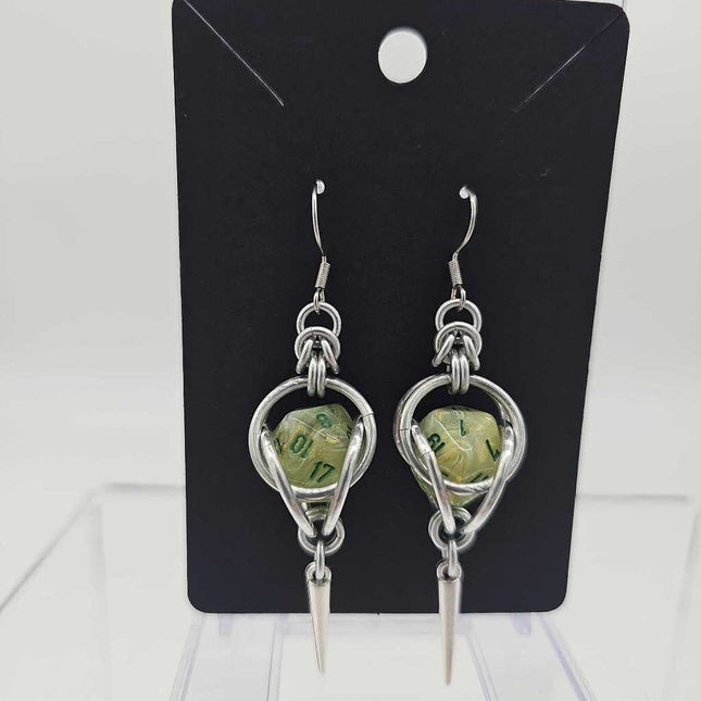 Mini D20 Earrings Silver with Marble Light Green D20 and silver spike, surgical steel ear wires