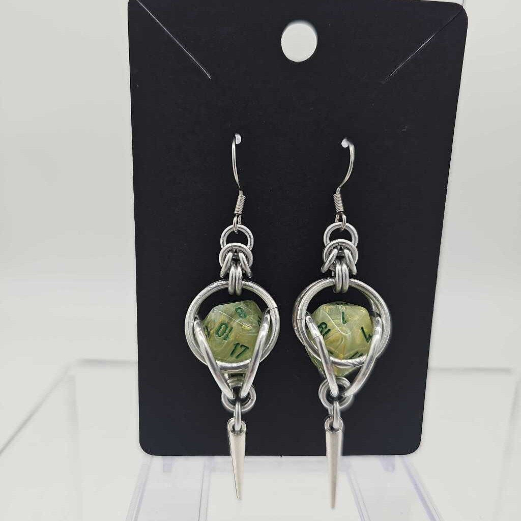 Mini D20 Earrings Silver with Marble Light Green D20 and silver spike, surgical steel ear wires