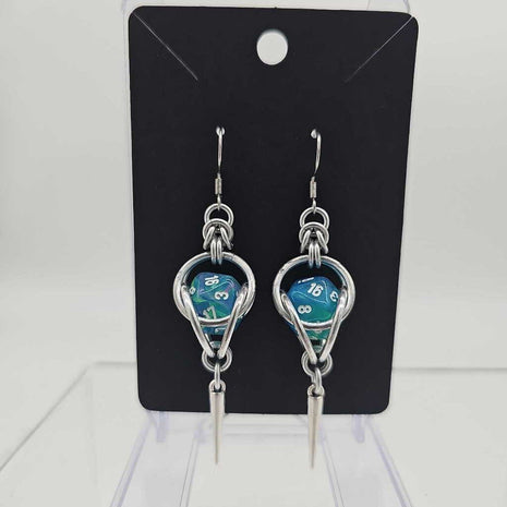 Mini D20 Earrings Silver with Marble Blue Green D20 and silver spike, surgical steel ear wires