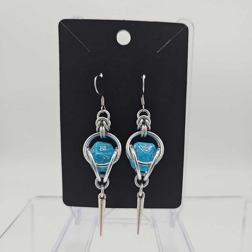 Mini D20 Earrings Silver with Marble Light Blue D20 and silver spike, surgical steel ear wires