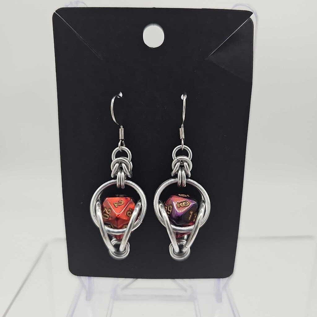 Mini D20 Earrings Silver with Marble Red Purple D20, surgical steel ear wires