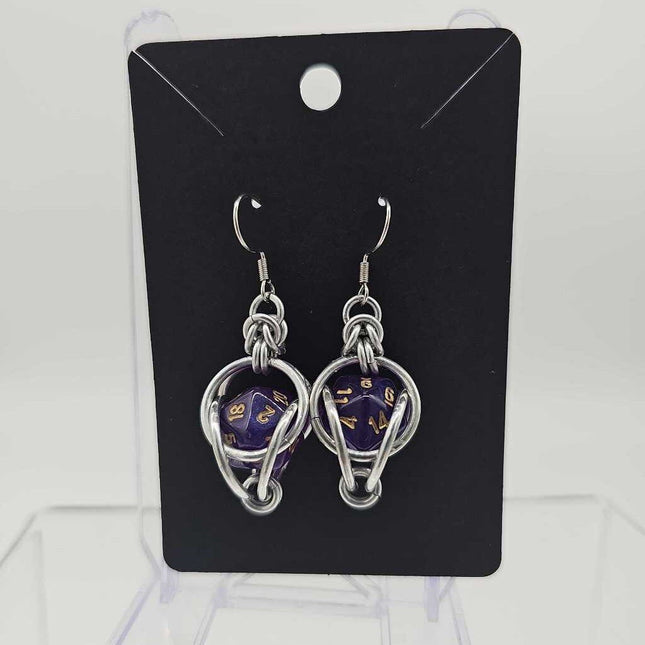 Mini D20 Earrings, Silver with Dark Purple D20, Surgical Steel Ear Wires