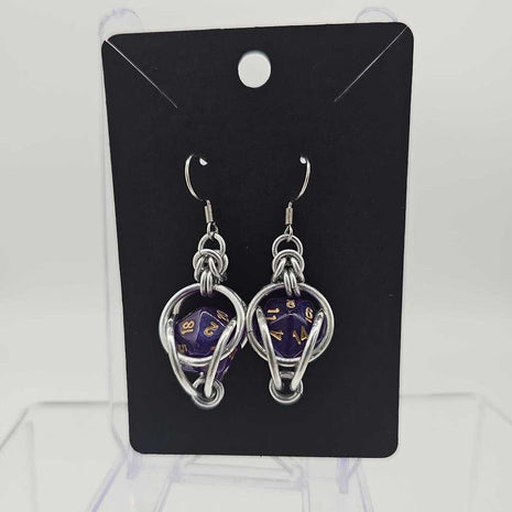 Mini D20 Earrings, Silver with Dark Purple D20, Surgical Steel Ear Wires