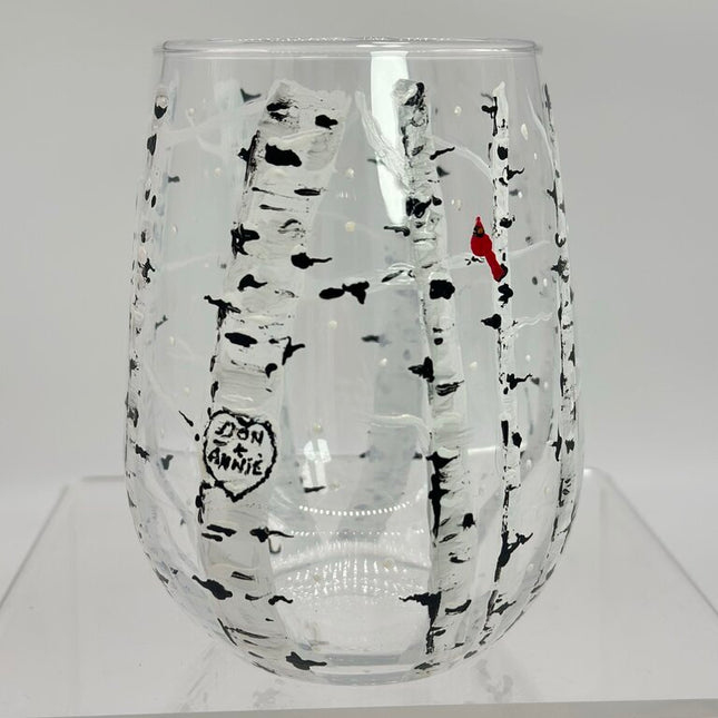 Personalized Stemless Wine Glass - Birch Forest With Cardinal - Carved Heart With Name