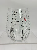 Personalized Stemless Wine Glass - Birch Forest With Cardinal - Carved Heart With Name