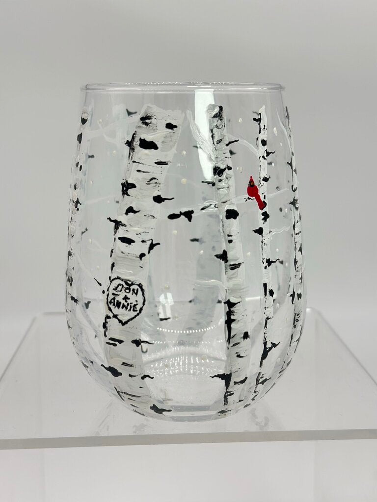 Personalized Stemless Wine Glass - Birch Forest With Cardinal - Carved Heart With Name