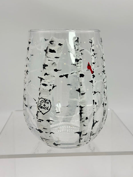 Personalized Stemless Wine Glass - Birch Forest With Cardinal - Carved Heart With Name