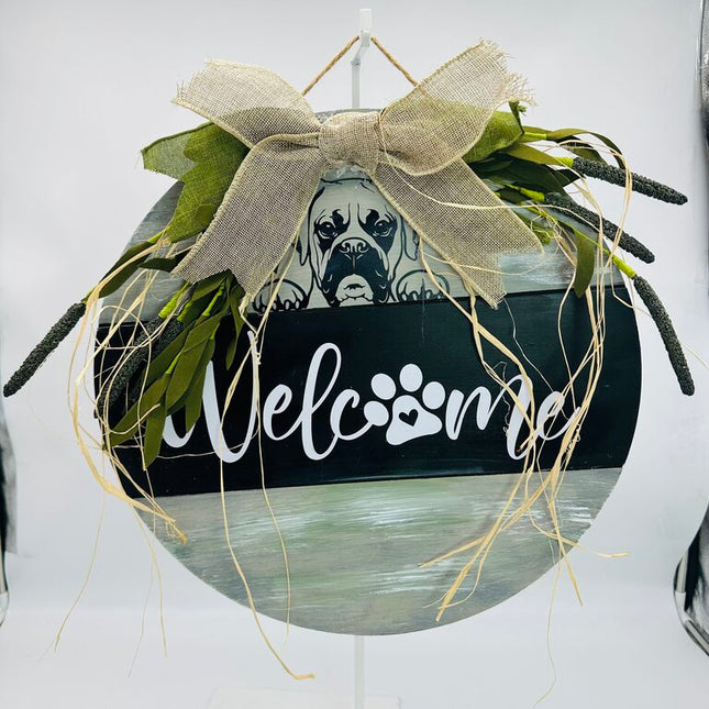 Welcome Sign Welcome paw print with Boxer dog