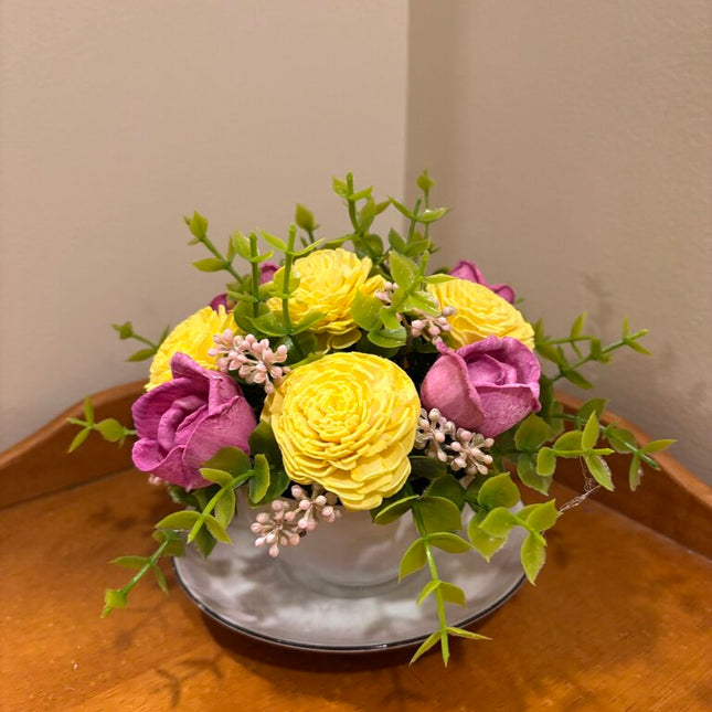 Tea Cup filled with Pink and Yellow Sola Wood Flowers