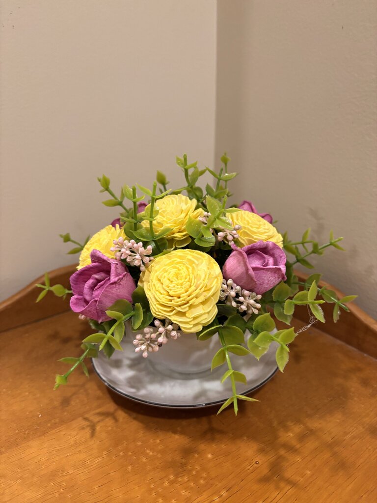 Tea Cup filled with Pink and Yellow Sola Wood Flowers