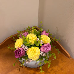 Tea Cup filled with Pink and Yellow Sola Wood Flowers - view 3