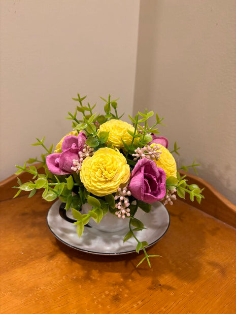 Tea Cup filled with Pink and Yellow Sola Wood Flowers