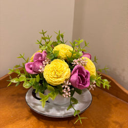 Tea Cup filled with Pink and Yellow Sola Wood Flowers - view 2